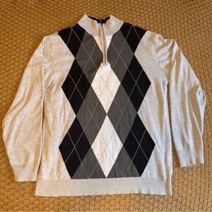 Men’s XL Argyle Sweater 1/4 Zip Gray Black Cotton Blend Golf Pullover